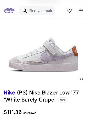 Nike Kids PS Blazer Low ‘77, White Sneakers with Light Purple Swoosh